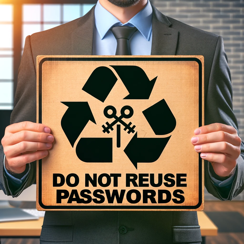 Man holding a sign saying 'Dont reuse passwords'